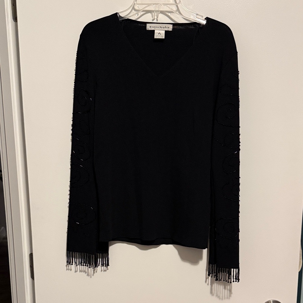 Nygard Black V-Neck Sweater with beaded sleeves